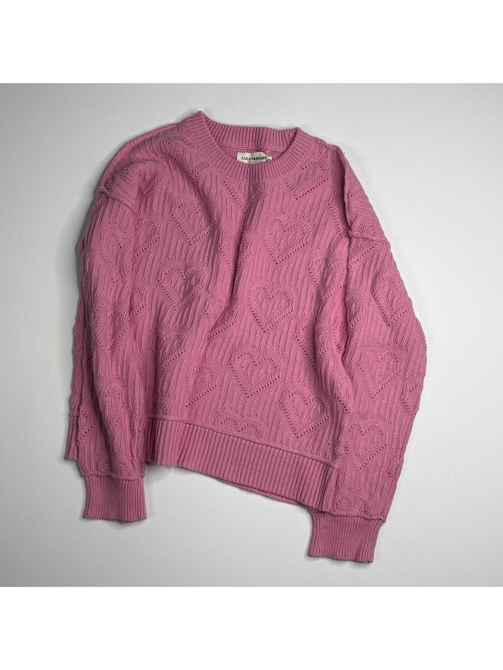 Lucky Brand Pink Heart Cable Knit Crewneck Sweater S